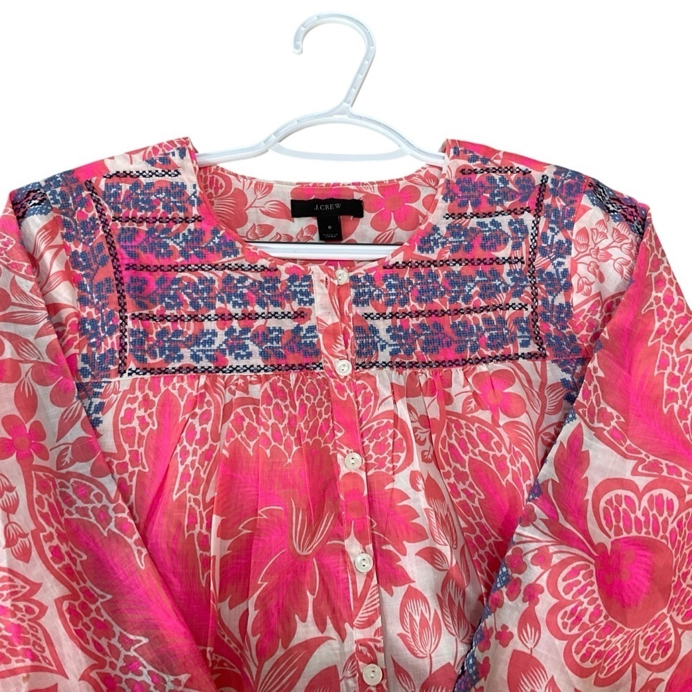 J.Crew Embroidered Floral Cotton Peasant Top Pink Blue Size 6 - Picture 3 of 9